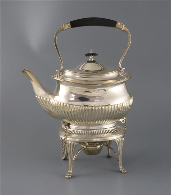 A late Victorian demi fluted tea kettle on stand and burner, by Edward Hutton, gross 44 oz.